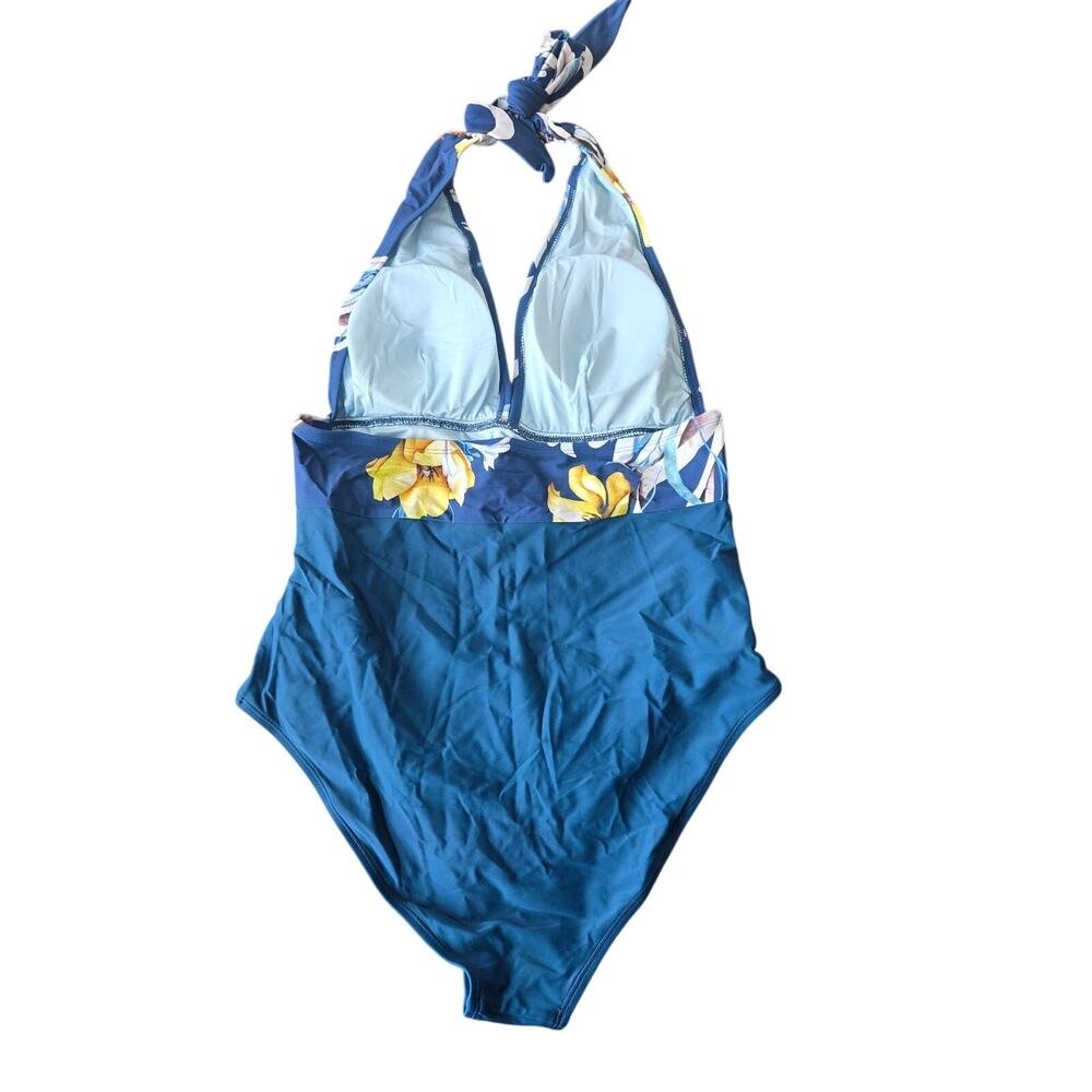 Cupshe Ruched Halter Blue One Piece Swimsuit Size L NWT - Picture 3 of 8